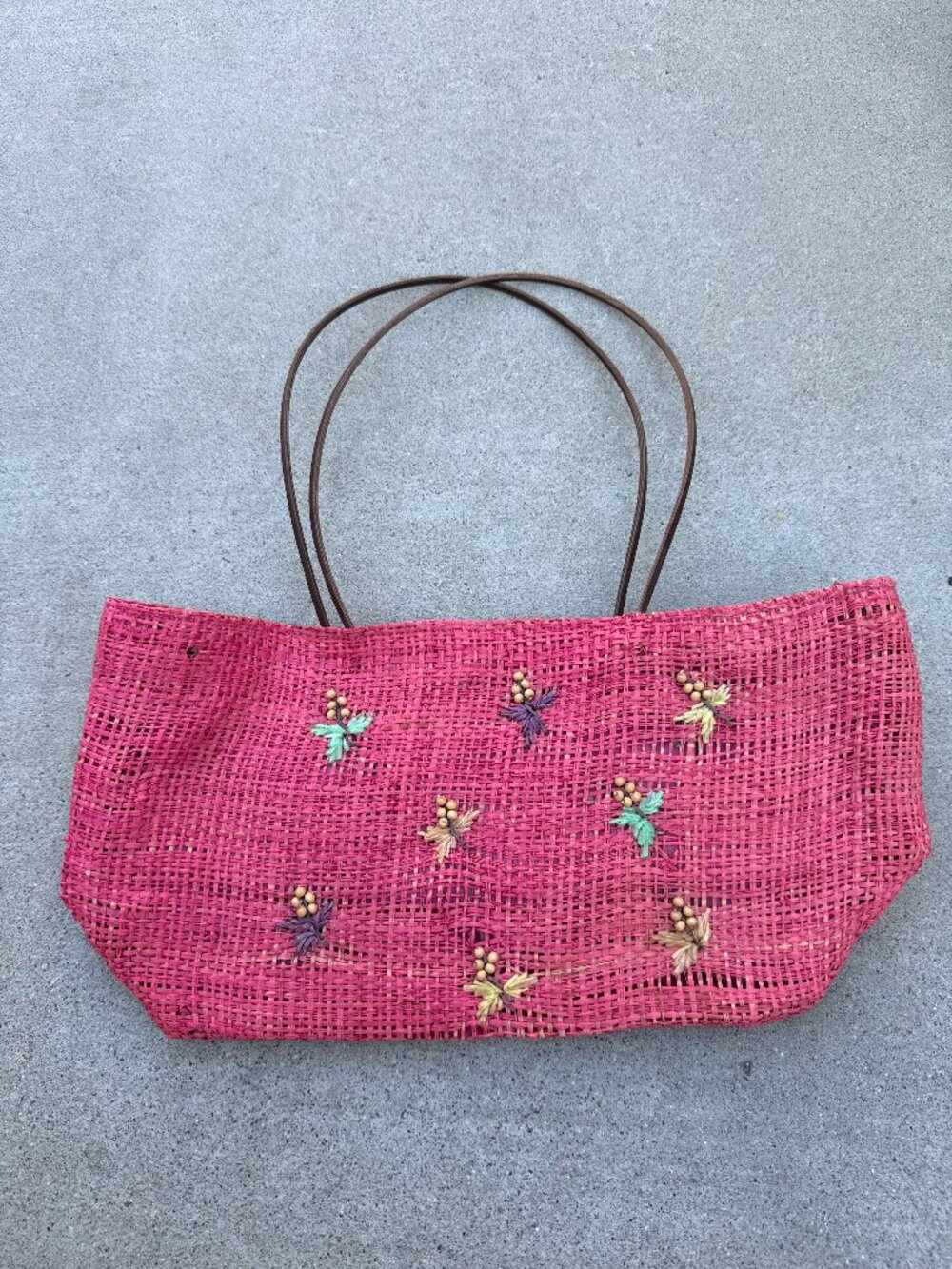 Vintage Pandamerica Pink Woven Tote Bag with Embroidered Flowers Cottagecore Sho
